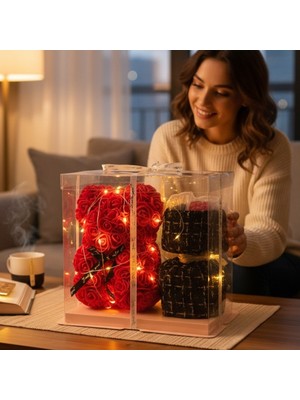 Keyfim Shop Işıklı Kırmızı Gül Şeklinde Yapay Çiçeklerden Ayıcık ve Mini Buket Hediyelik Seti – Özel Hediye Kutusunda