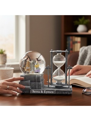 Keyfim Shop Sevgililer Günü Hediyesi Kişiye Özel Müzikli Işıklı Kar Küresi ve Kum Saati Seti