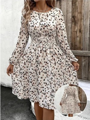 Stelol Kadın Uzun Kollu Bot Yaka Beli Lastikli Midi Süprem Elbise