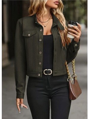 Stelol Kadın Uzun Kollu Önden Düğmeli Kısa Süet Ceket