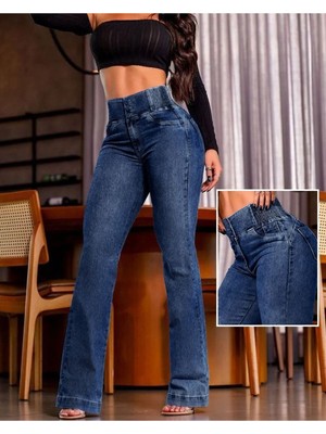 Stelol Kadın Yüksek Bel Yanları Lastik Önü Düğmeli Kot Pantolon