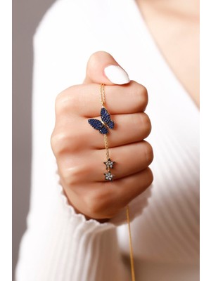 PremiumPort 14 Ayar Altın Rengi Yıldızlı Safir Kelebek Gümüş Kolye