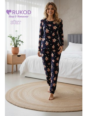Rukod Kadın Lacivert Zencefilli Kurabiye Desenli Kışlık Bisiklet Yaka Uzun Kol Pijama Takımı