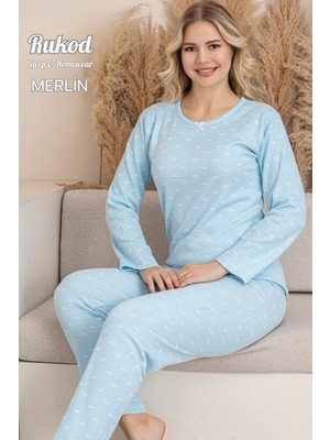 Rukod Kadın Uzun Kollu Içi Şardonlu Fiyonk Desenli Bisiklet Yaka Merlin Pijama Takımı