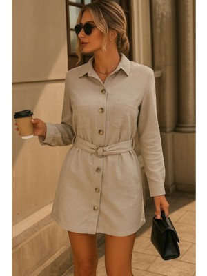 Stelol Kadın Uzun Kollu Yakalı Önden Düğmeli Beli Kuşaklı Mini Ithal Keten Elbise