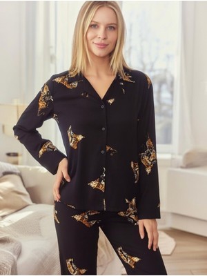 Rukod Kadın Kaplan Desenli Süet Gömlek Yaka Düğmeli Uzun Altlı Pijama Takımı
