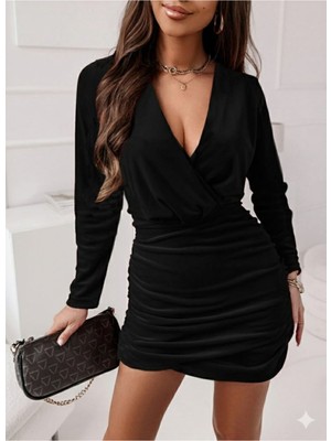 Stelol Kadın Uzun Kollu Kruvaze Yaka Yandan Büzgülü Mini Ithal Krep Elbise