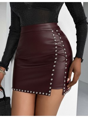 Stelol Kadın Yüksek Belli Yandan Çivili Mini Deri Etek