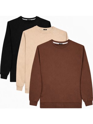 Tudors Erkek 3'lü Kahverengi-Taş-Siyah Relax Fit Rahat Kesim %100 Pamuk 2 Iplik Bisiklet Yaka Sweatshirt