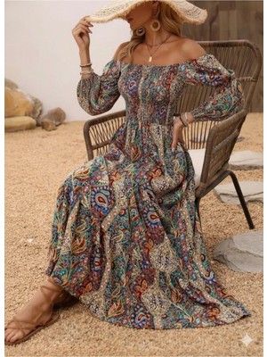 Stelol Kadın Düşük Omuzlu Beli Büzgülü Dijital Desenli Kesik Elyaf Süprem Uzun Elbise