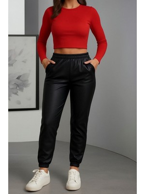 Stelol Kadın Paçası Lastikli Cep Detaylı Deri Tayt