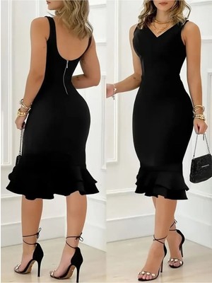 Stelol Kadın Askılı V Yaka Arkadan Fermuarlı Dalgıç Elbise