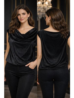 Hayalet Likralı Ipek Kadife Degaje Yaka Bluz