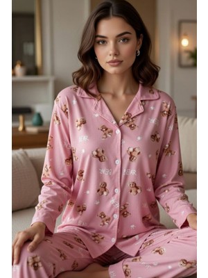 Rukod Kadın Mor Ayıcık Desenli Süet Gömlek Yaka Düğmeli Uzun Altlı Pijama Takımı
