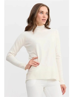 Desen Triko Kadın Yarım Balıkçı Yaka Yanları Yırtmaçlı Kazak 02422305 Kemik