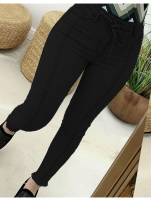 Stelol Kadın Yüksek Bel Belden Kuşaklı Yırtık Detaylı Kot Pantolon