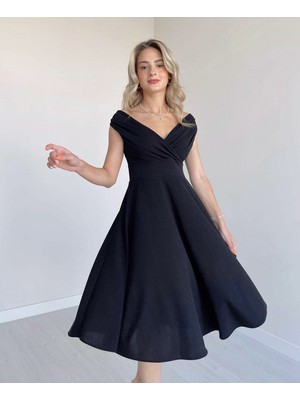 Stelol Kadın Kısa Kollu Kruvaze Yaka Eteği Volanlı Krep Elbise