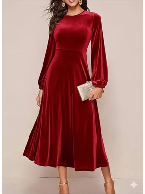 Stelol Kadın Uzun Kollu Bisiklet Yaka Midi Kadife Elbise
