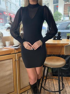 Stelol Kadın Balıkçı Yaka Transparan Detay Fırsat Ürün Sandy Kumaş Mini Elbise