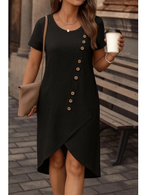 Stelol Kadın Kısa Kollu Bisiklet Yaka Düğme Detay Müslim Elbise