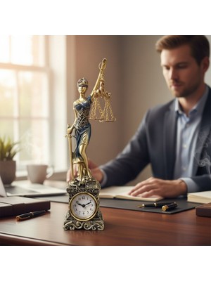 Keyfim Shop Adalet Tanrıçası Themis Figürlü Masa Saati – Terazi ve Kılıç Detaylı Dekoratif Biblo