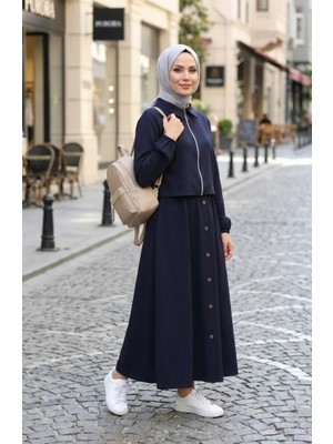 Fermuarlu Pamuklu Tesettür Ikili Takım 0239-02 Lacivert