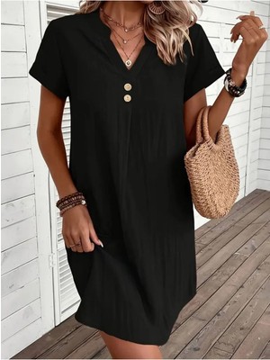 Stelol Kadın Kısa Kollu V Yakalı Düğmeli Müslim Kısa Elbise