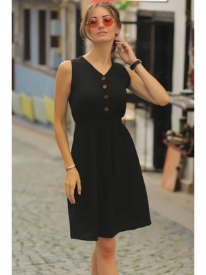 Stelol Kadın V Yakalı Önden Düğme Detay Beli Lastikli Keten Kısa Elbise