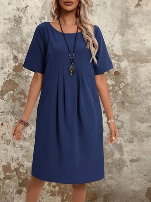 Stelol Kadın Kısa Kollu Yakası Açık Önden Büzgülü Cep Detaylı Viskon Iki Iplik Elbise