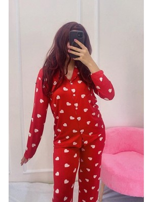 Rukod Kırmızı Beyaz Kalp Desenli Gömlek Yaka Kadın Pijama Takımı - Nefes Alan Süet Kumaş