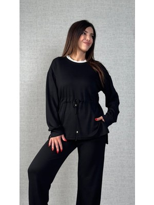 Stelol Kadın Uzun Kollu Bisiklet Yaka Belden Büzgülü Bağcıklı Viskon Iki Iplik Bluz ve Pantolon Ikili Takım