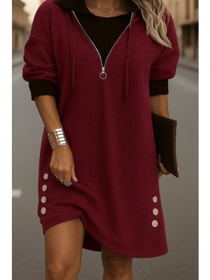 Stelol Kadın Uzun Kollu Kapşonlu Önden Fermuarlı Düğmeli Mini Iki Iplik Elbise
