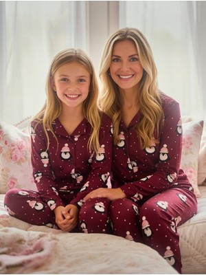 Rukod Anne Çocuk Kırmızı Penguen Desenli Süet Gömlek Yaka Düğmeli Uzun Altlı Pijama Takımı