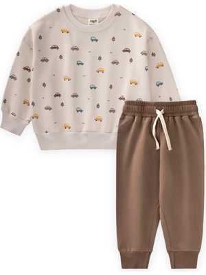 Cigit Araba Baskılı Sweatshirt Takım 1-5 Yaş Bej