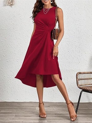 Stelol Kadın Sıfır Kollu Bisiklet Yaka Büzgülü Asimetrik Kesim Detaylı Janjan Krep Elbise