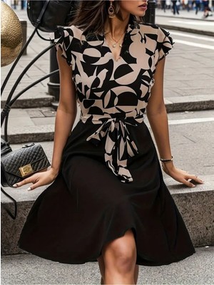 Stelol Kadın Kısa Kollu Kolu Fırfır Detay Mini Kuşaklı Kloş Krep Elbise