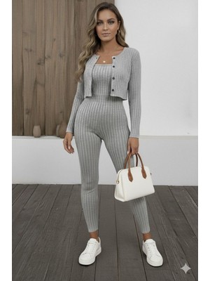 Stelol Kadın Uzun Kollu Şardonlu Kaşkorse Straplez ile Kısa Önden Düğmeli Ceket Ikili Takım