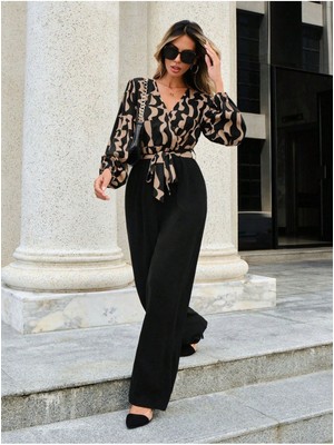 Stelol Kadın Uzun Kollu Kruvaze Yakalı Belden Kuşaklı Üst Dalgıç Alt Ithal Krep Tulum