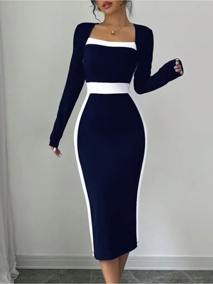 Stelol Kadın Uzun Kollu Geometrik Yaka Midi Ithal Krep Elbise