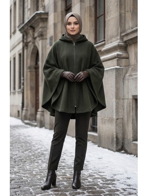 Kapüşonlu Fermuarlı Kışlık Kaşe Panço 0241-01 Haki