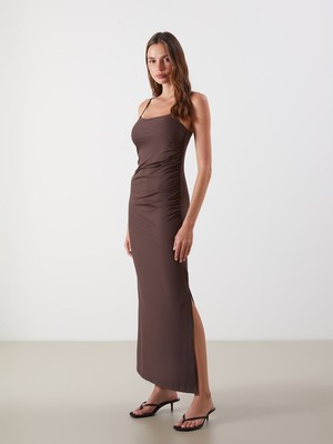 Lc Waikiki Yeni Sezon Kare Yaka Askılı Büzgülü Elbise