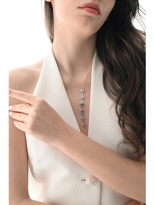 PremiumPort Asimetrik Kesim Renkli Zirkon Taşlı Gümüş Y Kolye