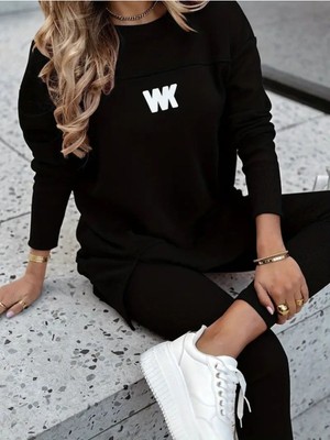 Stelol Kadın Uzun Kollu Bisiklet Yaka Nervurlu Viskon Iki Iplik ve Tayt Pantolon Ikili Takım