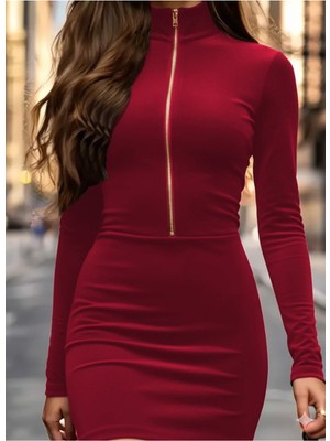 Stelol Kadın Uzun Kollu Balıkçı Yaka Yakadan Göğüse Kadar Fermuar Detaylı Mini Kadife Elbise