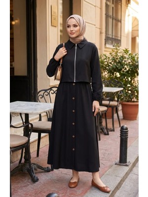Fermuarlu Pamuklu Tesettür Ikili Takım 0239-01 Siyah