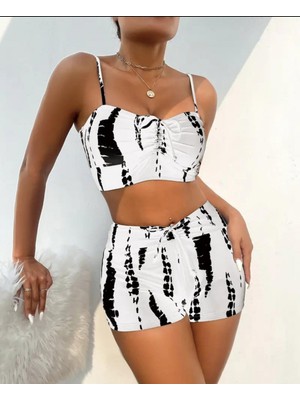 Stelol Kadın Büzgü Detay Askılı Crop Mini Tayt Ikili Takım