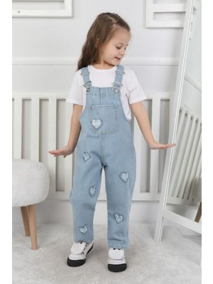 Kız Çocuk Pamuk Denim Slopet Askılı Kot Tulum Mavi