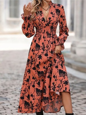 Stelol Kadın Uzun Kollu Kruvaze Yakalı Çiçek Desenli Maksi Süprem Elbise