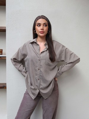 Esra Helvacı Ince Çizgili Önü Cepli Gömlek