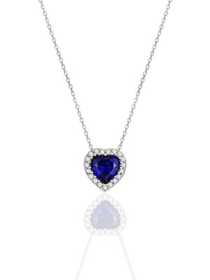 PremiumPort Parlak Gümüş Rodyumlu Safir Taşlı Kalp Kolye, Şıklık ve Zarafet Için
